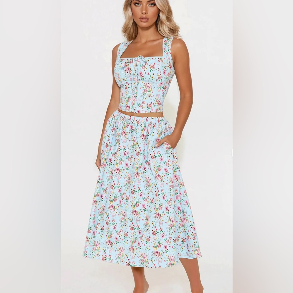 Fashion Nova Floral Midi Skirt in Light Blue